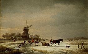 Winterlandschaft an einer Windmühle van Eugène Joseph Verboeckhoven