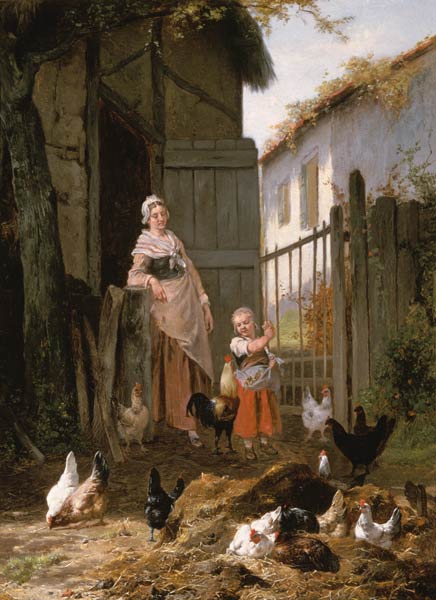 Beim Hühnerfüttern (Zusammen mit Jan David Col, 1822-1900) van Eugène Remy Maes