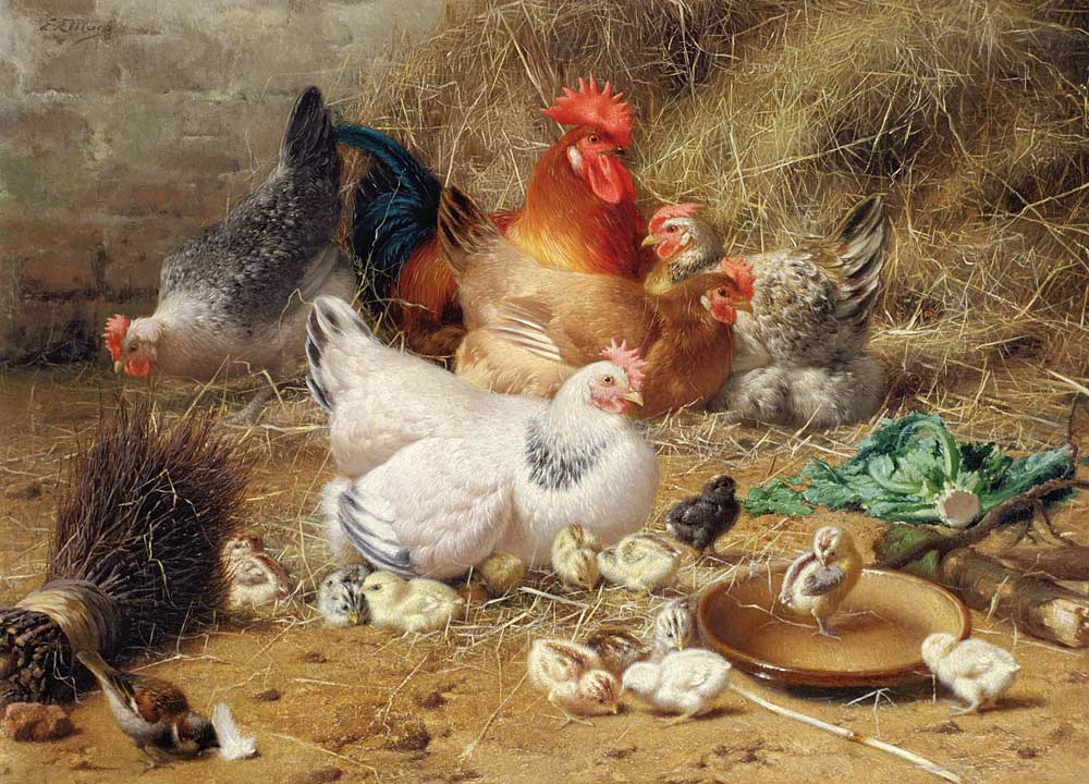 Hens roosting with their chickens van Eugène Remy Maes