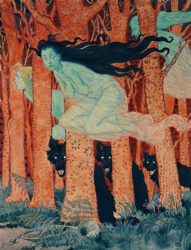 Drei Frauen und drei Wölfe van Eugène Samuel Grasset