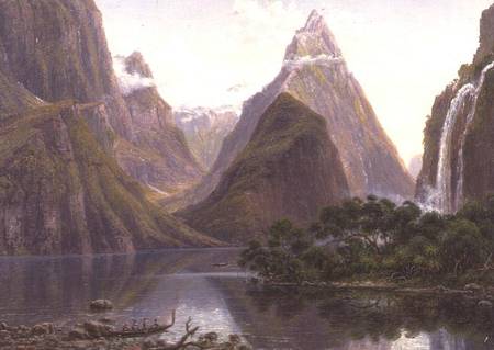 Native figures in a canoe at Milford Sound, West Coast of South Island, New Zealand, also depicted a van Eugene von Guerard