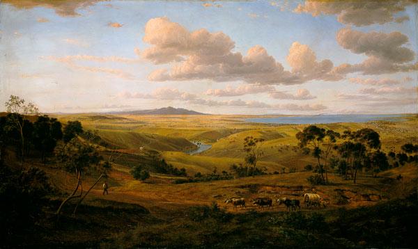 Landschaft bei Geelong (Australien) mit Ochsenkarren