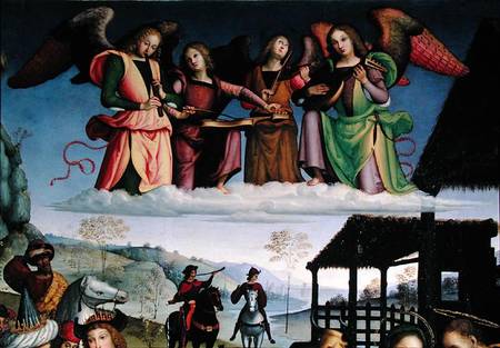 The Adoration of the Magi, detail of angel musicians van Eusebio  da San Giorgio