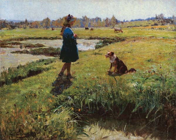 Young Girl with her Dog in the Meadows van Evariste Carpentier