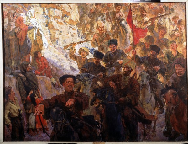 Die rote Partisanen Dagestans (Triptychon, Mittelteil) van Evgeni Evgenievitch Lanceray