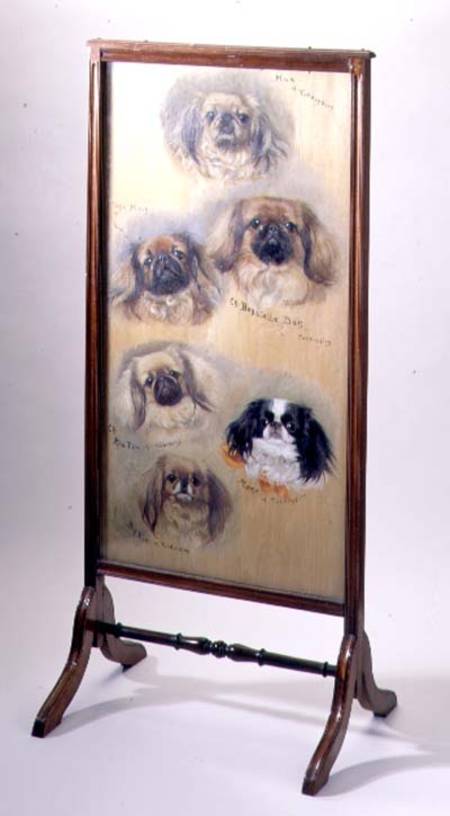 Head studies of Pekinese dogs, mounted as a fire screen van F. Mabel Hollams