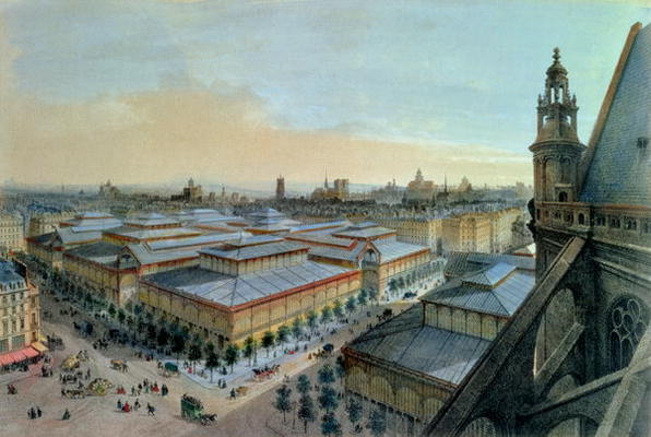 View of Les Halles in Paris taken from Saint Eustache upper gallery, c. 1870-80 (colour litho) van Felix Benoist