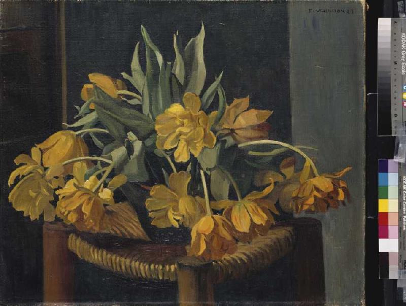 Gelbe Tulpen auf einem Korbstuhl van Felix Vallotton