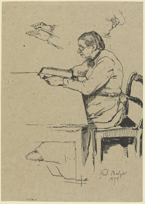 Sitzende ältere Schäfersfrau lesend van Ferdinand Balzer