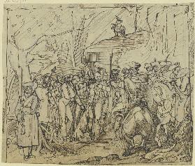 Die letzten zehn Soldaten vom vierten Regiment des polnischen Revolutionsheers betreten 1831 preußis