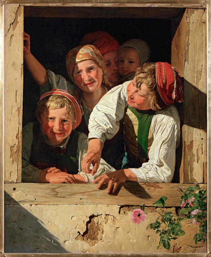 Kinder im Fenster van Ferdinand Georg Waldmüller
