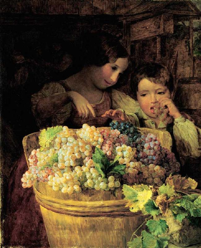 Zwei Kinder an einer mit Trauben gefüllten Bütte van Ferdinand Georg Waldmüller