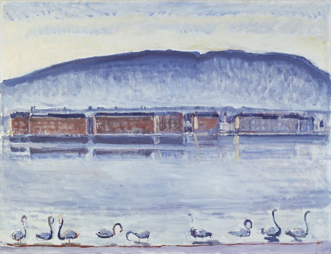 Lake Geneva with Mont Salève and Swans van Ferdinand Hodler