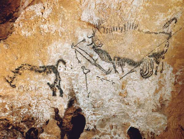 Höhle von Lascaux 17000 v. Chr. Gesamtansicht der 'Szene des Schachtes'. van Ferdinand Hodler