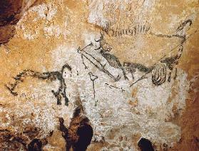 Höhle von Lascaux 17000 v. Chr. Gesamtansicht der 'Szene des Schachtes'.