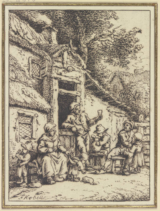 Bauernpaar mit fünf Angehörigen vor einem Haus van Ferdinand Kobell