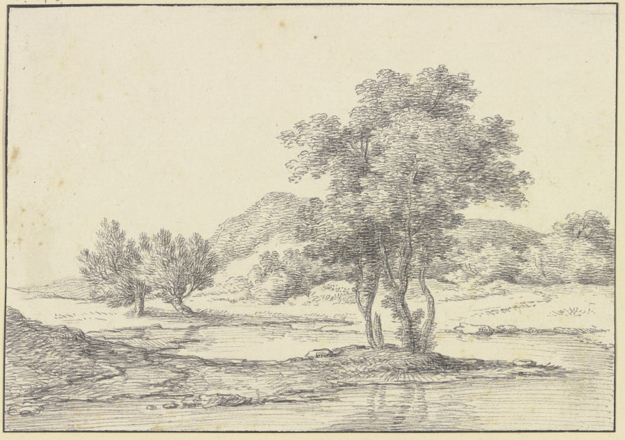 Baumgruppe am Wasser, links zwei Weidenbäume, im Hintergrund Berge van Ferdinand Kobell