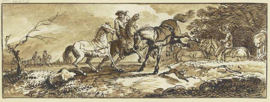 Reiter mit zwei Handpferden, eines schlägt aus, im Hintergrund ein Fuhrwerk und andere Reiter van Ferdinand Kobell