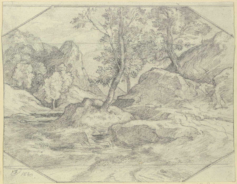 Landschaft mit Bäumen und Felsen van Ferdinand Olivier