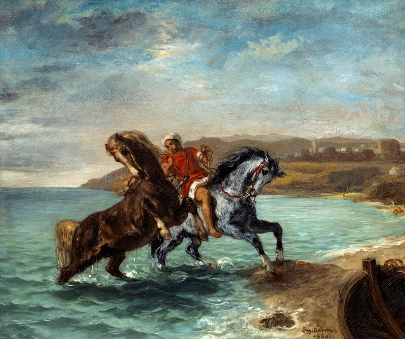 Zwei Pferde entsteigen dem Meer van Ferdinand Victor Eugène Delacroix