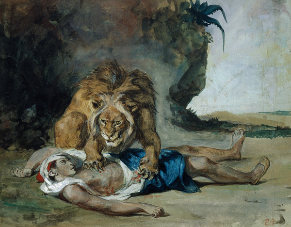 Löwe an der Leiche eines Arabers. van Ferdinand Victor Eugène Delacroix
