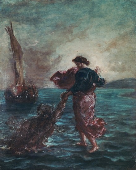 Christ walking on water and reaching out his hand to save Saint Peter van Ferdinand Victor Eugène Delacroix