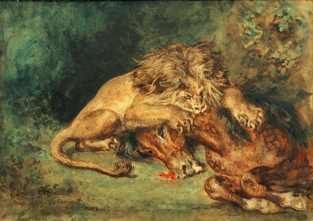 Löwe, ein Pferd reißend van Ferdinand Victor Eugène Delacroix