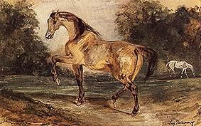 Zwei Pferde auf einer Waldwiese van Ferdinand Victor Eugène Delacroix