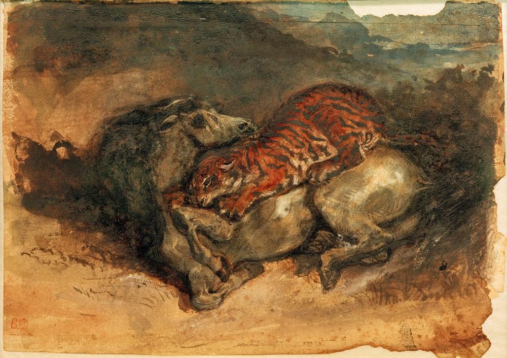 Tiger, ein Pferd anfallend van Ferdinand Victor Eugène Delacroix