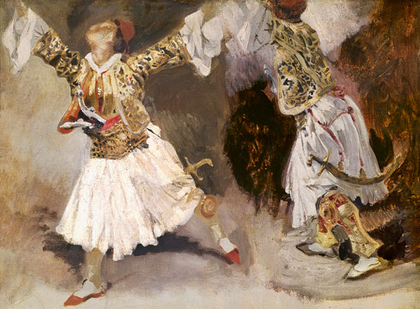 Two Greek Soldiers Dancing (Study of Soliote Dress) van Ferdinand Victor Eugène Delacroix