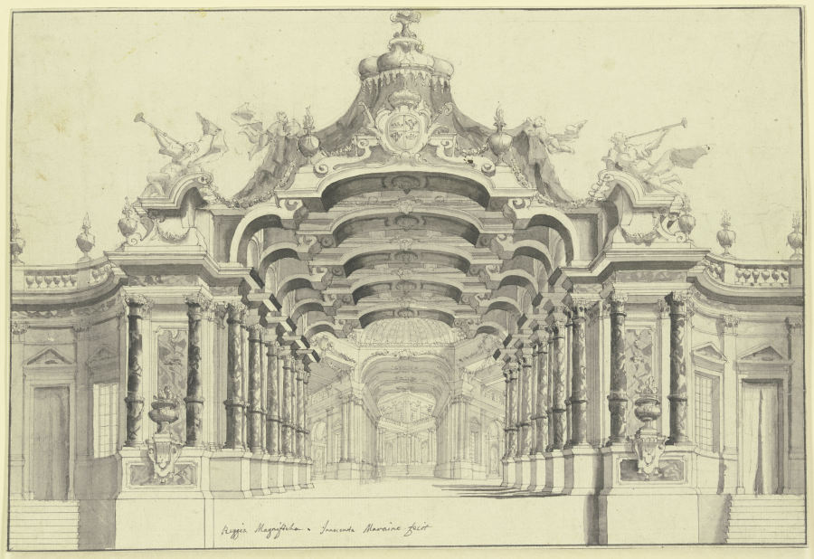 Eine große Halle mit einem Baldachin überbaut, unter welchem ein Wappen zu sehen ist, rechts und lin van Ferdinando Bibièna