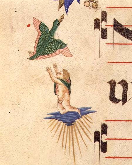 Missal 515 f.13v A cloaked cherub trying to catch a flying bird, from a decorative border van Filippo di Matteo Torelli