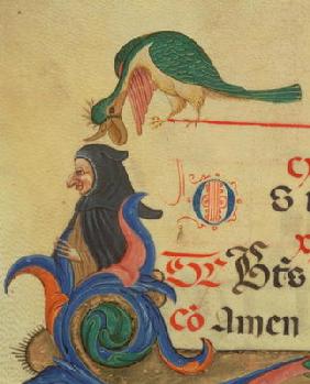 Missal 515 42r A fantastical bird perched above a cloaked figure, detail of decorated initial 'R' an