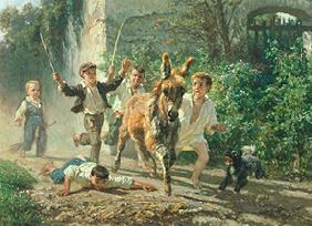 Kinder jagen einen Esel.