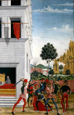 St. Bernardino of Siena (1380-1444) resuscitating a young girl and saving a young man from an attack van Fiorenzo di Lorenzo