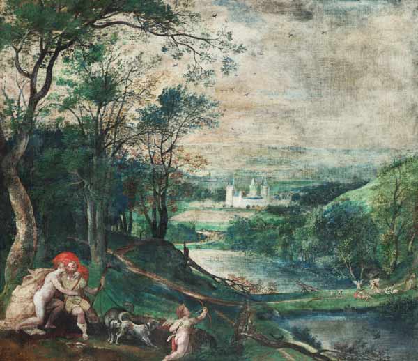 Venus und Adonis in waldiger Landschaft vor Schloss Beersel van Flämisch/Holländisch