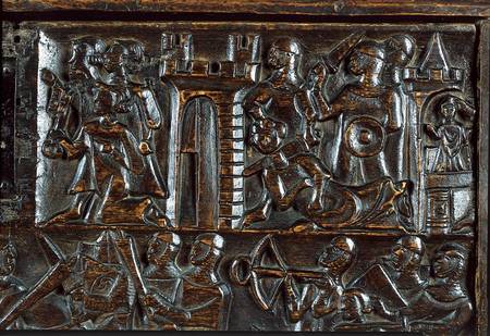 The Courtrai Chest depicting Flemish foot soldiers defeating French cavalry  (detail) van Flemish School