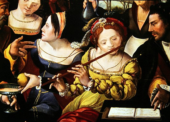 Scene Galante at the Gates of Paris, detail of a flute player (detail of 216104) van Flemish School