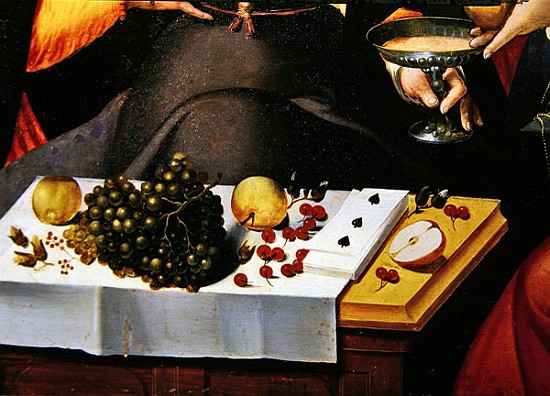 Scene Galante at the Gates of Paris, detail of fruits, playing cards and a goblet (detail of 216104) van Flemish School