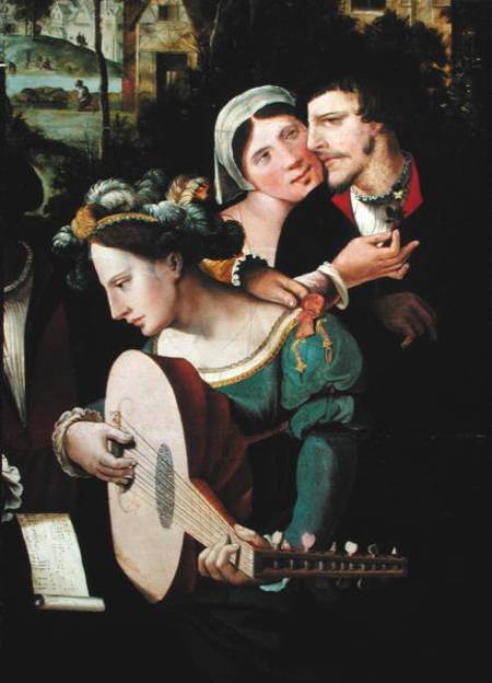 Scene Galante at the Gates of Paris, detail of a couple and a lute player van Flemish School