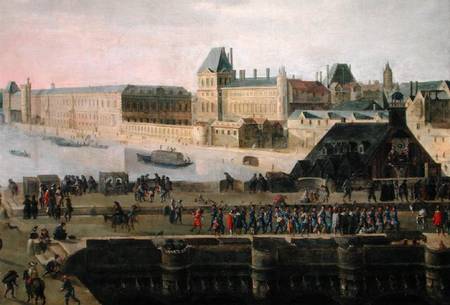 View of the Pont-Neuf and the River Seine looking downstream, detail of the bridge and the Louvre van Flemish School