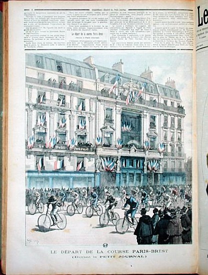 The start of the Paris-Brest bicycle race in front of the offices of ''Le Petit Journal'', illustrat van Fortune Louis Meaulle