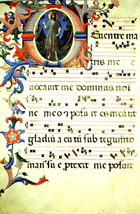 Ms 558 f.55v Page of choral notation with an historiated initial 'O' depicting St. John the Baptist, van Fra Beato Angelico