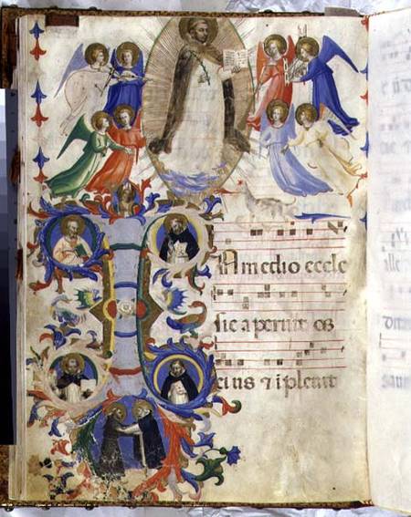 Ms 558 f.67v Page depicting St. Dominic and an historiated initial 'I' from a gradual book from San van Fra Beato Angelico