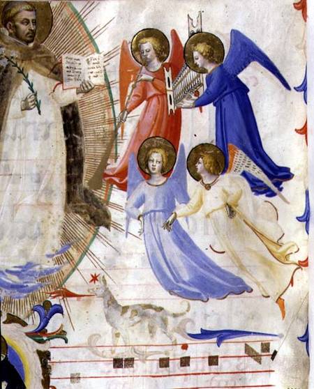 Ms 558 f.67v St. Dominic with four musical angels, from a gradual from San Marco e Cenacoli van Fra Beato Angelico