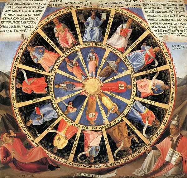 Ezekiel's Vision of the Mystic Wheel (from Armadio degli Argenti) van Fra Beato Angelico
