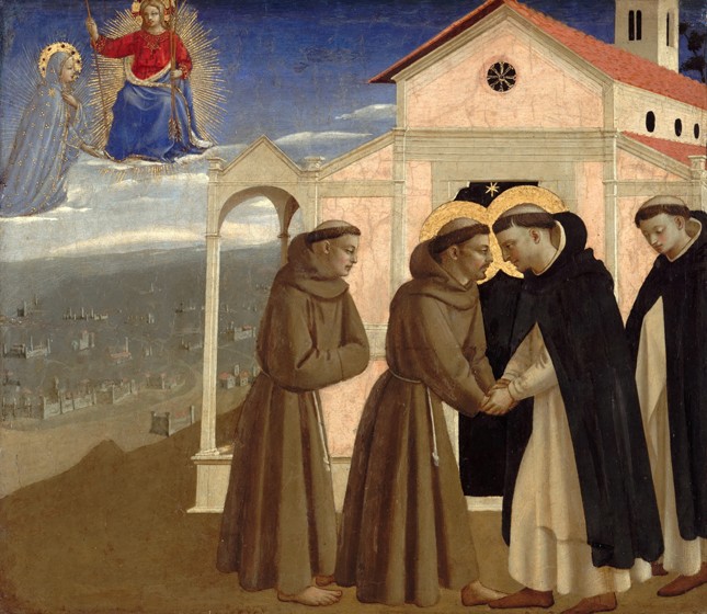 Meeting of Saint Francis and Saint Dominic (Scenes from the life of Saint Francis of Assisi) van Fra Beato Angelico