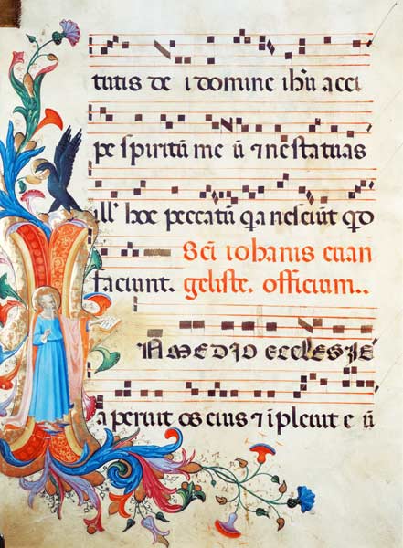 Ms 558 f.13v Historiated initial 'I' depicting St. John the Evangelist, with page of musical notatio van Fra Beato Angelico