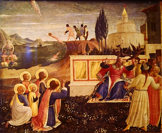 Saints Cosmas and Damian are thrown into the sea; demons escape from the mouth of the proconsul Lysi van Fra Beato Angelico