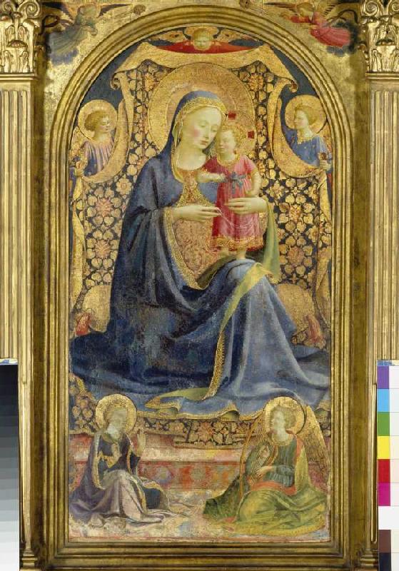 Thronende Maria mit dem Jesuskind, von Engeln umgeben van Fra Beato Angelico